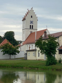 Zwei Störche auf den Zinnen der Turmspitze von St.Nikolaus in Ochsenfeld