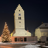 Ochsenfelder Weihnachtsbaum. Im Hintergrund die Kirche St. Nikolaus